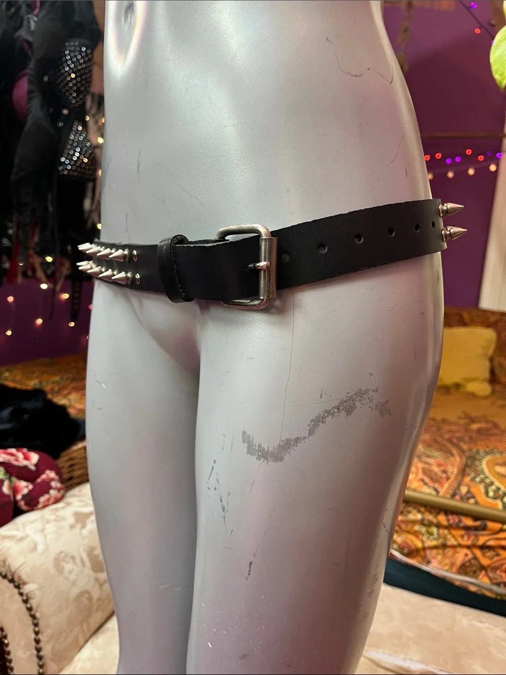 Vintage Goth Punk silver studded and spiked genuine black leather belt